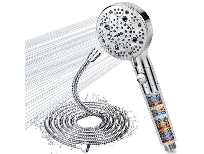 Duschkopf mit Schlauch 2M 9 Strahlarten 15-stufige Filterung Hochdruck Wassersparend Stoppfunktion Chrom, Silberfarben, Metall, 12.7x12.7x26 cm, Badezimmer, Baden & Duschen, Duschköpfe & Duschschläuche