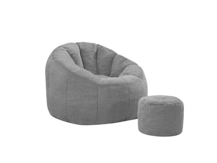 Fauteuil poire en polyester gris avec repose-pieds 105x105x70 cm