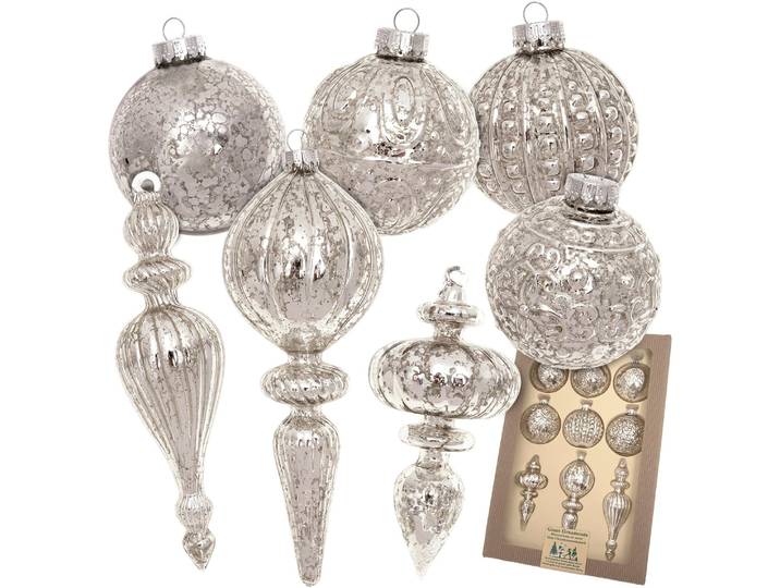 Christbaumschmuck KREBS GLAS LAUSCHA Antikes Mercury Glas Sortiment , silber, B:30cm H:9cm T:44cm, Glas, Weihnachtsbaumschmuck, Christbaumschmuck, Christbaumschmuck aus Glas, mundgeblasen, handgefertigt