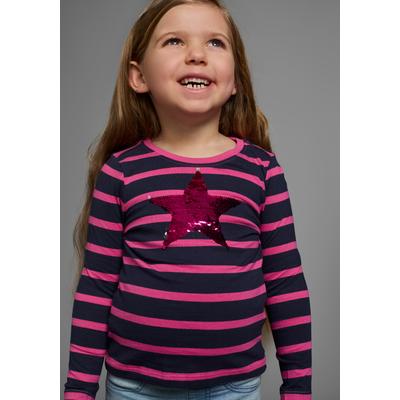 Langarmshirt KIDSWORLD "für kleine Mädchen", Mädchen, Gr. 116/122, bunt (marine, pink, gestreift), Jersey, Obermaterial: 100% Baumwolle, gestreift, mehrfarbig, Basic hüftlang, Rundhals, abgesteppte Kante, Shirts Langarmshirt, langärmlig,...