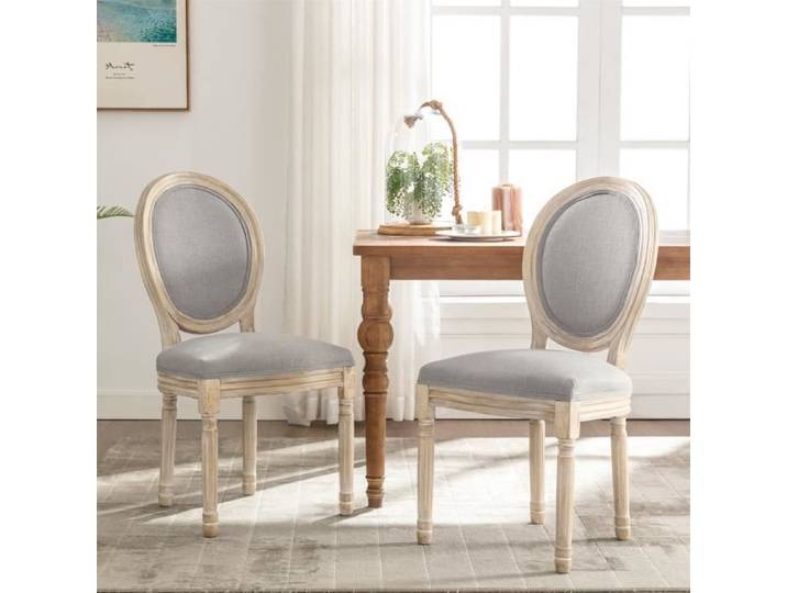 Chaise Médaillon Lot de 2 – Tissu Lin – Style Vintage – Dossier Rond – Chaise Salle à Manger Cuisine Salon