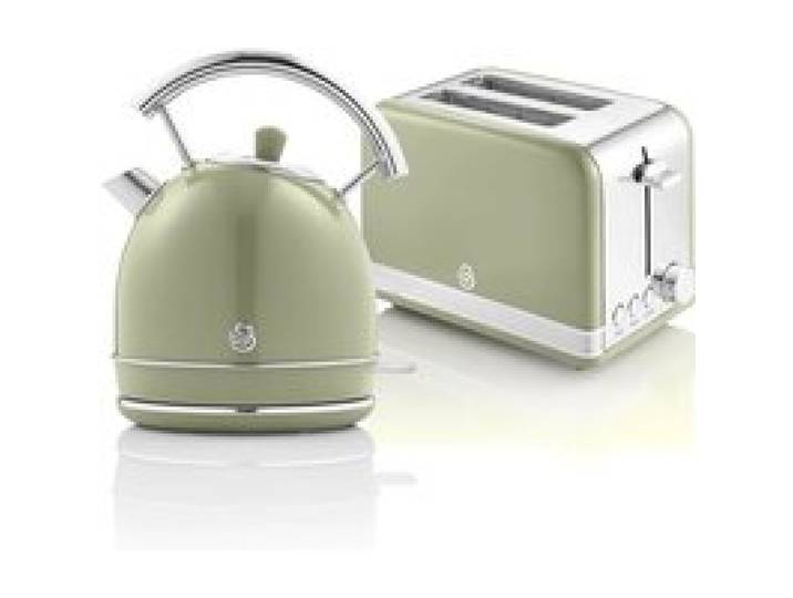 Retro Set Petit-Déjeuner Bouilloire 1 8L Sans fil Grille-Pain 2 Larges Tranches SWAN STP7050GNEU 850W Vert