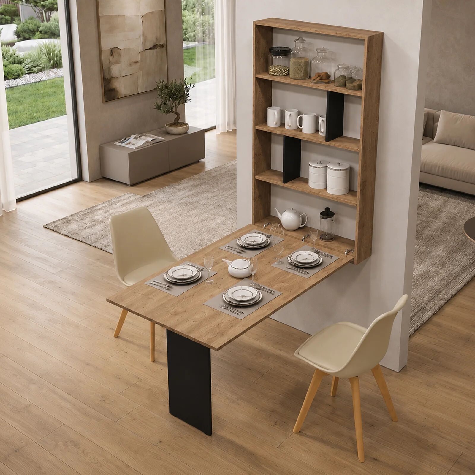 garneroarredamenti Tavolo da muro pieghevole 135x203cm a scomparsa con scaffale rovere nero Hope