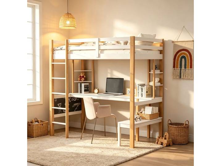 lit superposé enfant 90x200cm lit mezzanine bois enfant avec escalier et bureau lit superposé 1 places blanc avec rangement