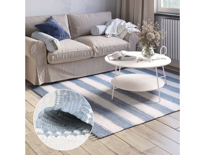 Teppich Karim , blau (hellblau, weiß), B:160cm H:10mm L:230cm, Baumwolle, Polyester, MYFLAIR MÖBEL & ACCESSOIRES, Teppiche, Teppich, Handweb Teppich, gestreift, 90% Baumwolle, handgewebt, mit Fransen