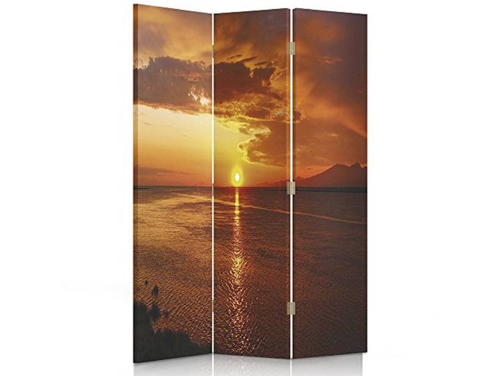 Feeby Frames. Raumteiler, Ggedruckten auf Canvas, Leinwand Wandschirme, dekorative Trennwand, Paravent einseitig, 3 teilig (110x180 cm), Ansicht, Meer, Sonnenuntergang, Strand, ORANGE, Strahlen