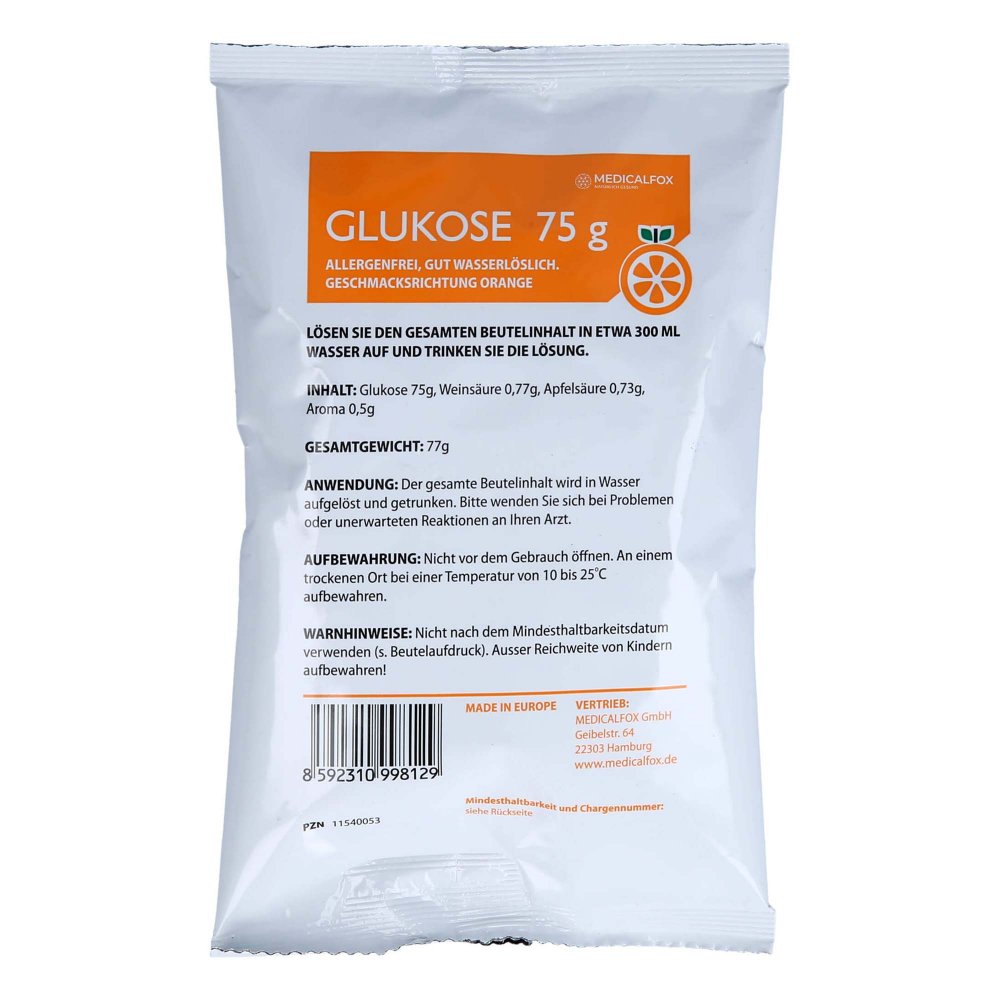 MEDICALFOX GmbH Glukose 75 g Orange Plv.z.her.e.lsg.z.einnehmen 11540053