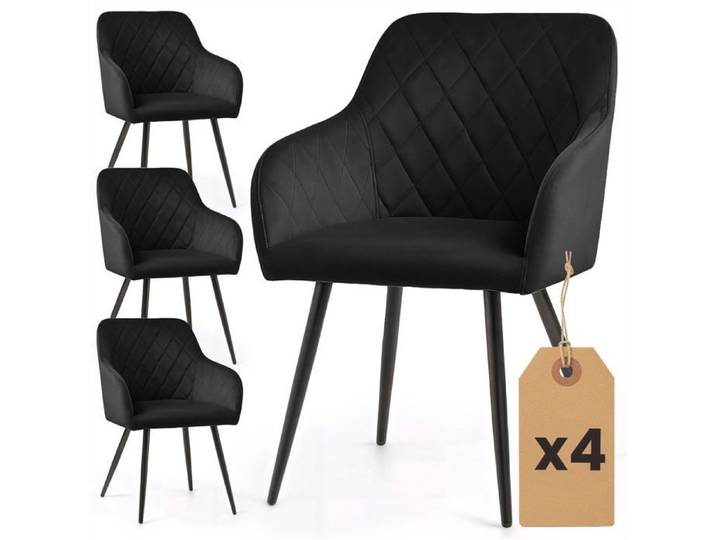 Lot de 4 Chaises en velours matelassées en losanges VELTO Noir pieds noirs