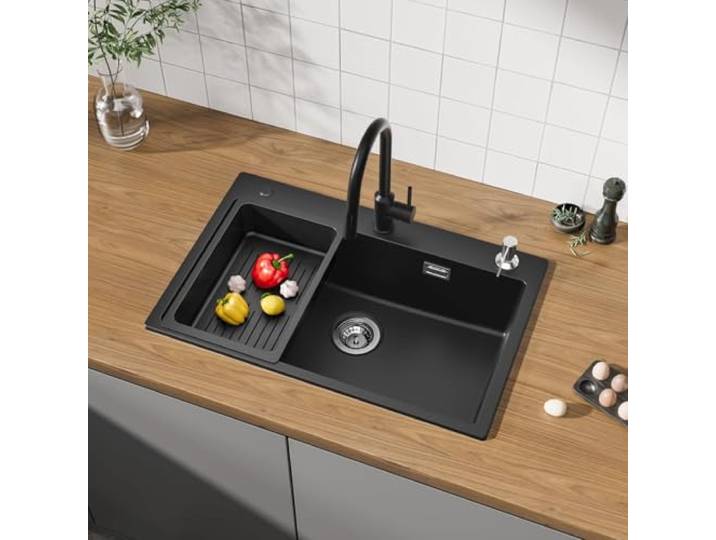 CECIPA Granitspüle Küche Einbauspüle Großes Einzelbecken 70x45cm, Schwarz Große Küchenspüle Schwarz, Einbaubecken 70x45cm, Granit Spülbecken, Extra großes Einzelbecken, modernes Küchendesign