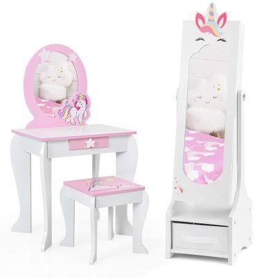 Costway Kids Princess Vanity Table and Stool Set with Jewelry Cabinet and Mirror Drawer-White