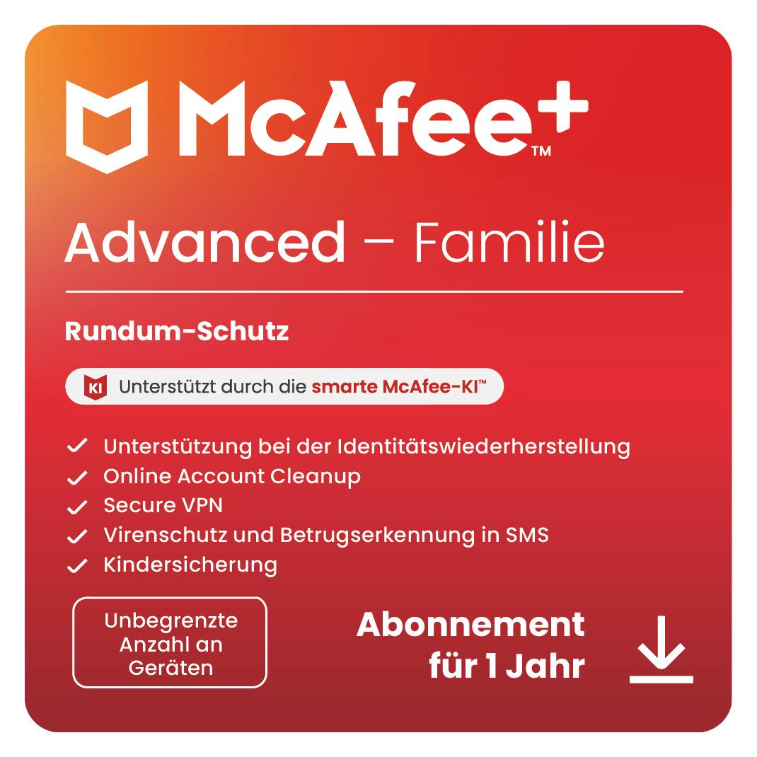 McAfee + Advanced - Familie (Unbegrenzte Anzahl von Geräten) (1 User, 12 Monate) (MPA31MNRURDACD)