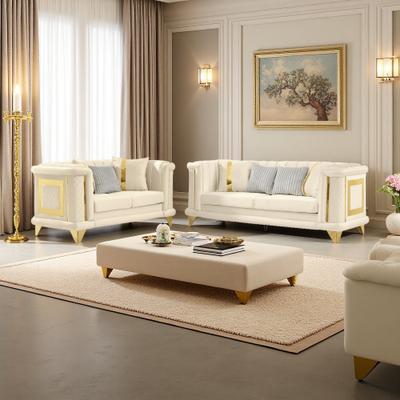 ZWYO HOSIMU Velvet Tufted 3-Seater Sofa and Loveseat Set with Gold Stainless Steel Trims and 7 Included Pillows
