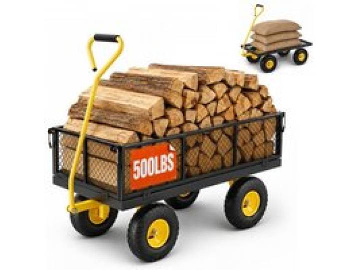 VEVOR Bollerwagen 226,80 kg, Transportwagen, Gartenwagen, Gerätewagen, Handwagen mit großen Geländereifen, abnehmbaren Seitenteilen aus Netzmaterial und um 180° drehbarem Griff, Gelb/Schwarz