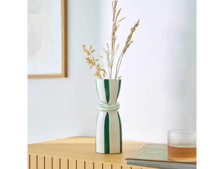 Vase grès rayé blanc vert - Blancheporte