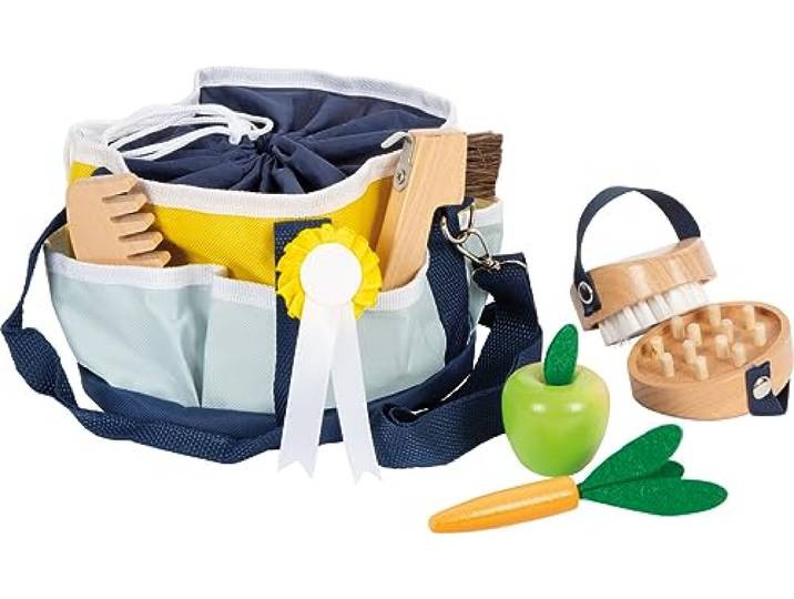 small Foot Spielzeug Pferdepflege-Set Hobby Horse mit Tasche, kindgerechte Utensilien aus Holz, Zubehör für das Pferdespiel, 12419