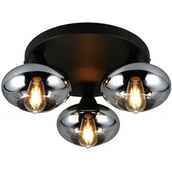 Deckenlampe Rauchglas Wohnzimmerleuchte Deckenleuchte rund Glaskugel Schlafzimmer, Metall schwarz, 3x E14, DxH 39x15 cm
