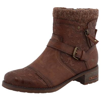 Winterstiefelette MUSTANG SHOES "Fabienne", Damen, Gr. 37, Warmfutter, braun (cognac), Lederimitat, Textil, Basic, Schuhe Winterstiefelette, Biker Boots mit Blockabsatz und Zierriemchen