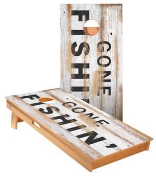 Skip's Garage Distressed Wood Gone Fishin Cornhole Boards