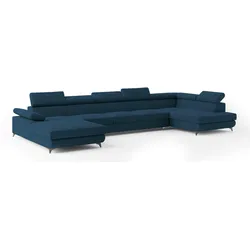 WOHNLANDSCHAFT MONTIVA Blau Velours-Stoff mit Schlaffunktion