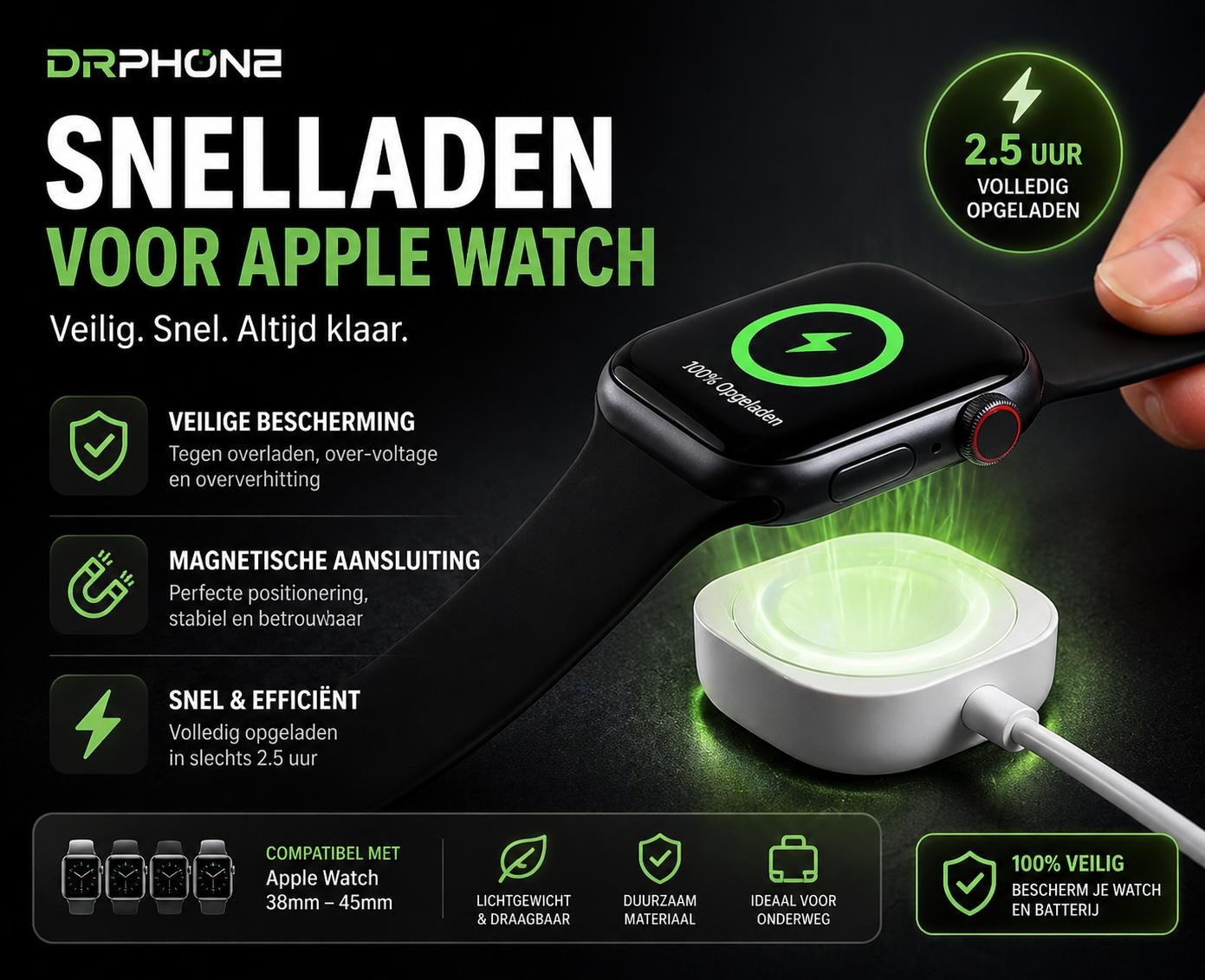 DrPhone N5 Magnetische USB Laadkabel voor Apple Watch 41/40/44/45/42mm - 5W/10W Lader