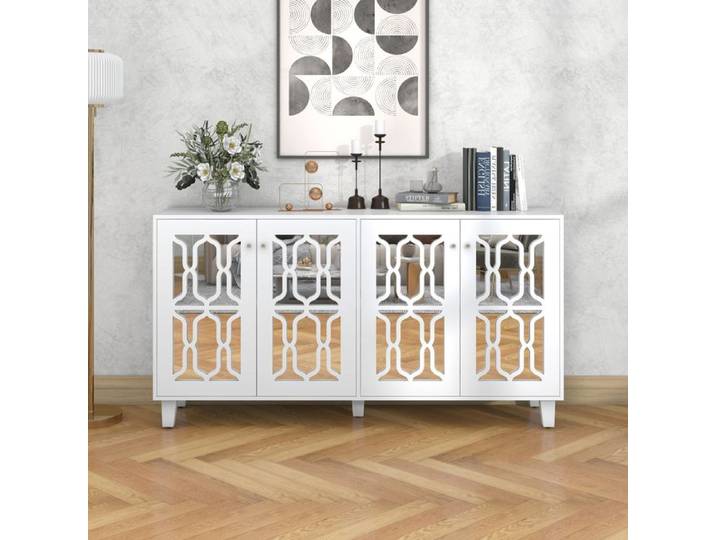 Buffet bas miroir blanc 4 Portes - Poignées en cristal - 160 x 40 x 84 cm - Moderne