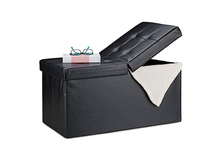 Relaxdays Banquette\, avec Espace de Rangement\, Pliable\, Apparence en Cuir\, Couvercle Rabattable\, Banc-Coffre\, Noir