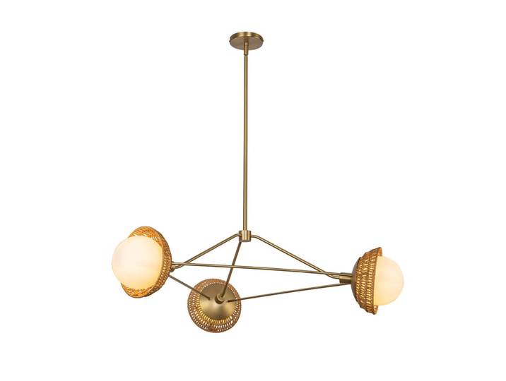 Lustre 3 Lumières Acier, Rotin, Verre Opalin