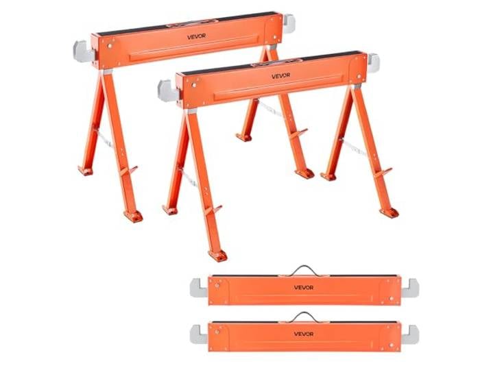 VEVOR Chevalet de Sciage\, Lot de 2\, Tréteau de Sciage Pliable\, Capacité de Charge 600 kg\, avec Pieds Robustes\, Patins Antidérapants\, Outil Tout en Métal pour Menuiserie\, Menuisiers\, Bricoleurs Bois