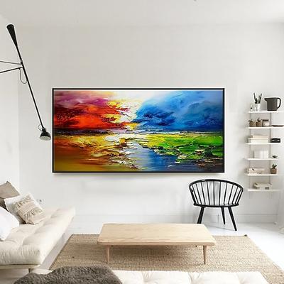 Großes Ölgemälde, 100 % handgefertigt, handgemalte Wandkunst auf Leinwand, bunte Seenlandschaft, Wolken, abstrakte Heimdekoration, Dekoration, gerollte Leinwand, kein Rahmen, ungedehnt