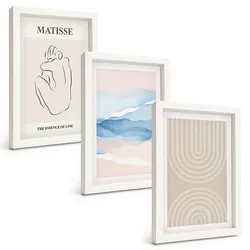 BILDER SET 3er Set - 20x30 cm Weißer Rahmen - Linien, Wellen, pastellfarbener Minimalismus