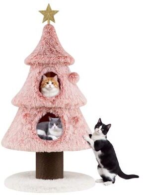 Costway Christmas Cat Tree for Indoor Cats 48.5 inch Cute Cat Tower with 2 Large Condos Scratching Post-Pink