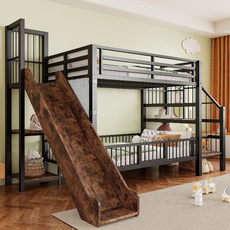 Hochbett 90x200cm aus Metall mit Rutsche, Stauraumtreppe, Schutzgittertür und Regalen, Kinderbett in Schwarz für Jungen- und Mädchenzimmer