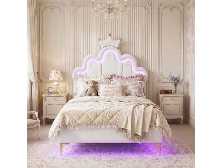 Lit enfant 90x200 avec LED Lit fille 90x200 cm avec décor couronne Lit princesse fille Sommier à Lattes Lit Simple PU Blanc