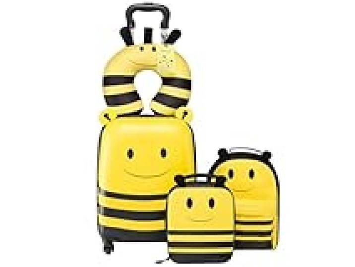 VEVOR Valise Enfant 32x23x45 cm Bagage Enfant Fille Garçon Valise Cabine Rigide à roulettes Motif Abeille avec Sac à Dos, Sac-Repas, Oreiller U, Étiquette Bagages, Approuvée par Compagnies Aériennes