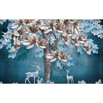 Fototapete PAPERMOON "Muster mit Blumen und Hirschen", bunt, B:3,5m L:2,6m, Vlies, Tapeten