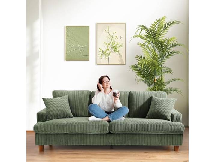 Domusensus 3 Sitzer Sofa Big, 221CM Cord Sofa Wohnzimmer, Couch 3 Sitzer Werkzeugfreie Montage, Schlafzimmer Sofas 53CM Extra Tiefe Sitze, Bequemes Couch fürs Büro, Sofa Couch mit 2 Kissen, Grün