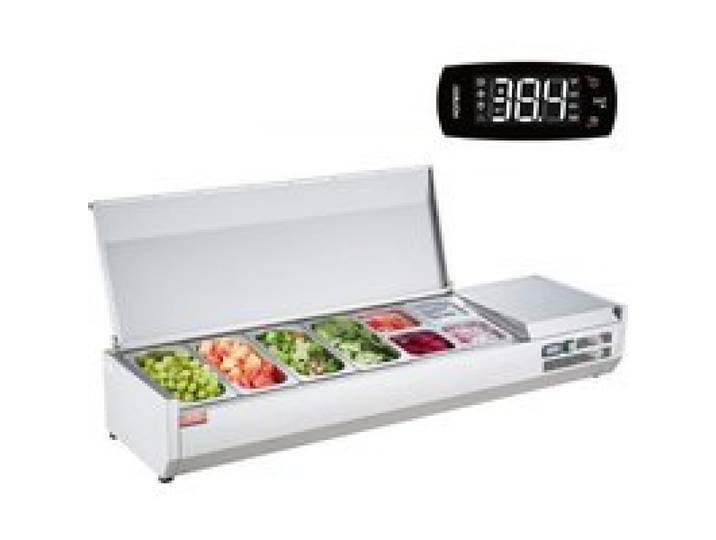 VEVOR Saladette Réfrigérée à Poser 155 W, Vitrine Réfrigérée pour Pizzeria, avec 4 1/3 Casserole et 4 1/6 Casseroles, Corps en Inox 304, Couvercle en PC, Protection en Inox, pour Ingrédients Cuisine