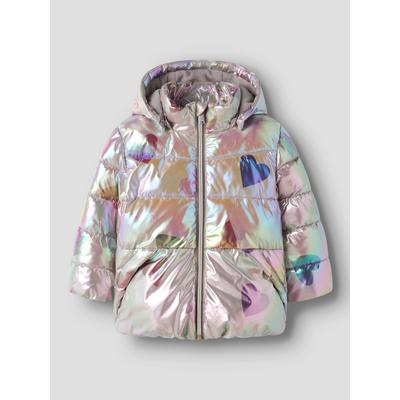 Steppjacke NAME IT "NMFMOLINA PUFFER JACKET SHINY AOP", Mädchen, Gr. 104, bunt (fungi), Web, Obermaterial: 100% Polyester, bedruckt, glänzend, normal, gerader Abschluss, Jacken Steppjacke, Kunstfaser, glänzende Optik
