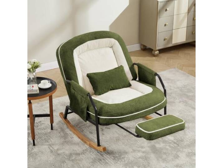 I0I&I0I Schaukelstuhl Mit Fußstütze, Verstellbarer Rückenlehne, Polsterung, Seitentasche Für Innen Und Außen (Green + Faux fur + Foam)