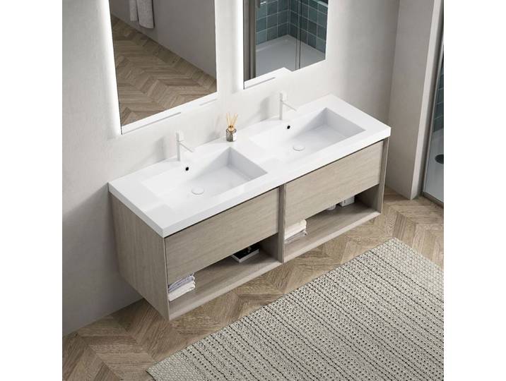 Meuble vasque mural 140 cm chêne clair blanc 2 lavabos résine