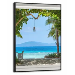 LEINWAND Bilder mit Rahmen - Aussicht - Baum - Meer - Palme - Hügel - Strand - Blau - 70x100