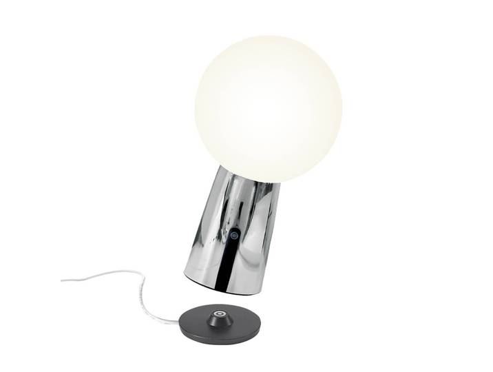 Zafferano Olimpia acculamp met zilverkleurige folie aan de binnenkant Olimpia, dimbaar, chroom / zilver, Woon-/ Eetkamer, Aluminium, Modern