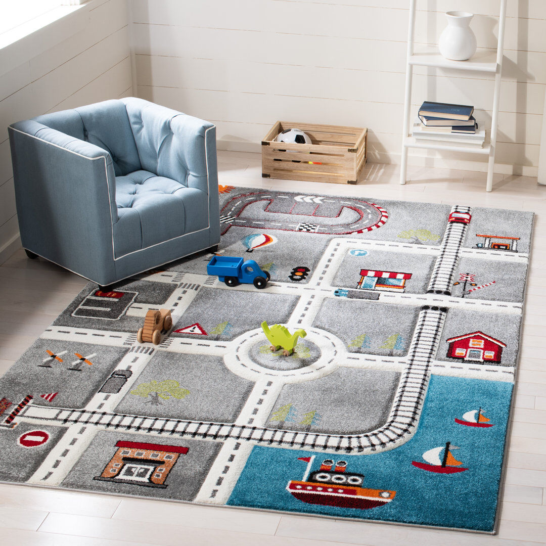 Zoomie Kids Carousel Kids Racetrack Area Rug In Grey / Ivory Ivory Rectangle 201 x 274cm