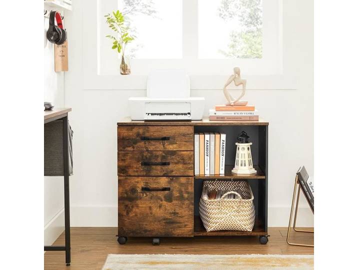 VASAGLE - Caisson 3 tiroirs - Meuble Rangement Bureau - Style Industriel - Marron Rustique et Noir OFC041B01