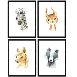 POSTER Set mit 4 Karte Zebra Pferd und Hirsch A3 Rahmenlos