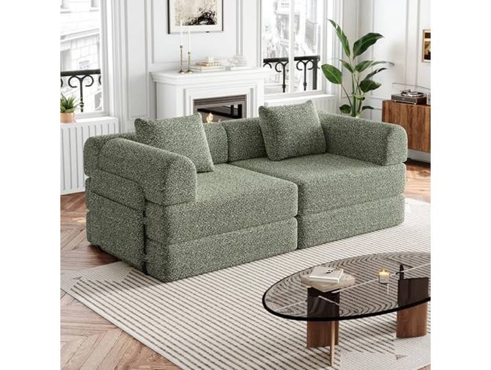 Chenille Schlafsofa klappbar 2-Sitzer Grün mit Stauraum 2-in-1 Schlafsofa mit Staufach in der Armlehne und drei Metallrahmen