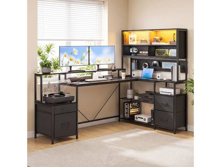 Bureau Angle avec Rangement - Bureau Gaming LED - Grand Table Gaming avec Rangement - 3 Prise et 2 USB - RINUA - 190×117×153cm