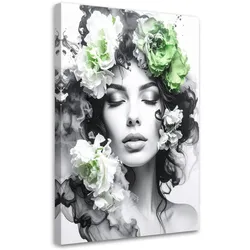 LEINWANDBILD Porträt einer Frau mit grünen Blumen auf dem Kopf 40x60cm