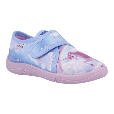 Hausschuh RICHTER "Mia", Mädchen, Gr. 30, Baumwolle, blau kombiniert, Schuhe Hausschuh, Klettschuh, mit schönem Fantasy-Motiv, Größenschablone zum Download