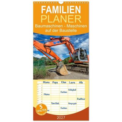 Familienplaner 2027 - Baumaschinen - Maschinen auf der Baustelle mit 5 Spalten (Wandkalender, 21 x 45 cm) CALVENDO